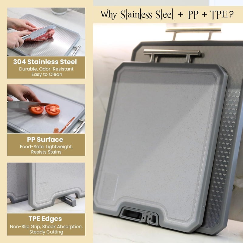 MUGAA Stainless Steel Cutting Board, Double-Sided 304 Stainless Steel & PP, Built-In Knife Sharpener, Non-Slip Juice Groove, Dishwasher Safe Steel Cutting Boards For Kitchen, Large (17.7" x 12.6") - Image 3